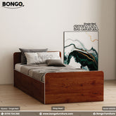 A single bed with brown Water Resistant Strong Laminated Board headboard and footboard, featuring gray bedding and pillows, placed against a white wall with a decorative picture above it.